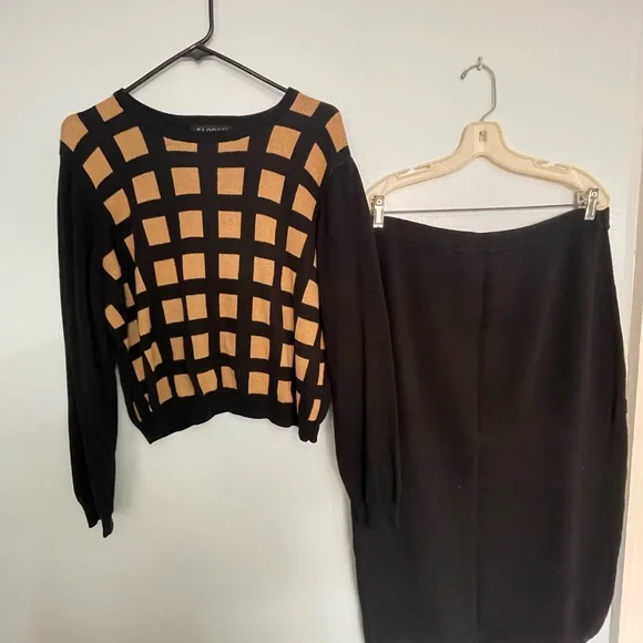 Eloquii Black and Tan Checkered Sweater Skirt Set - Picture 4 of 5